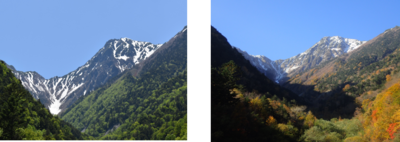 左：新緑が鮮やかな5月の様子　右：広河原の紅葉と冠雪した北岳