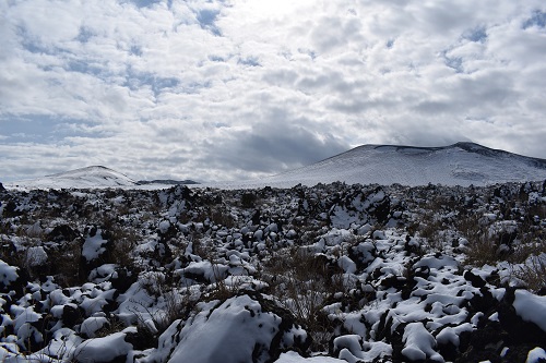 三原山北側の溶岩流（手前）の上から眺めた櫛形山（左）、三原山中央火口丘（右）
