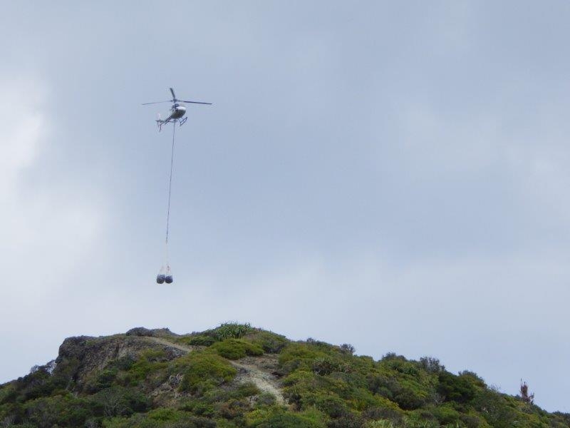 モッコに入れたトン袋をヘリコプターで吊り上げて父島まで運搬する