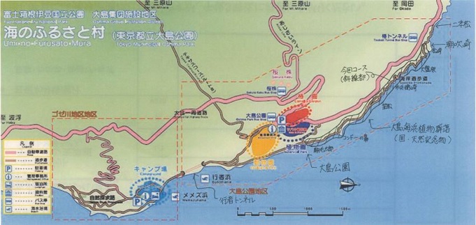 東京都立大島公園ハイキングコースマップより引用・改変した泉津海岸遊歩道コースマップ